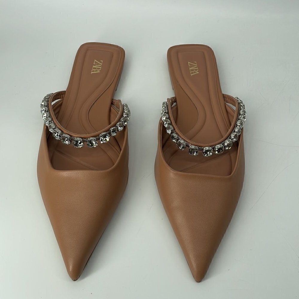 Zara sling back flat point shoes with rhinestones neutral beige brown sz 6 - Picture 5 of 13